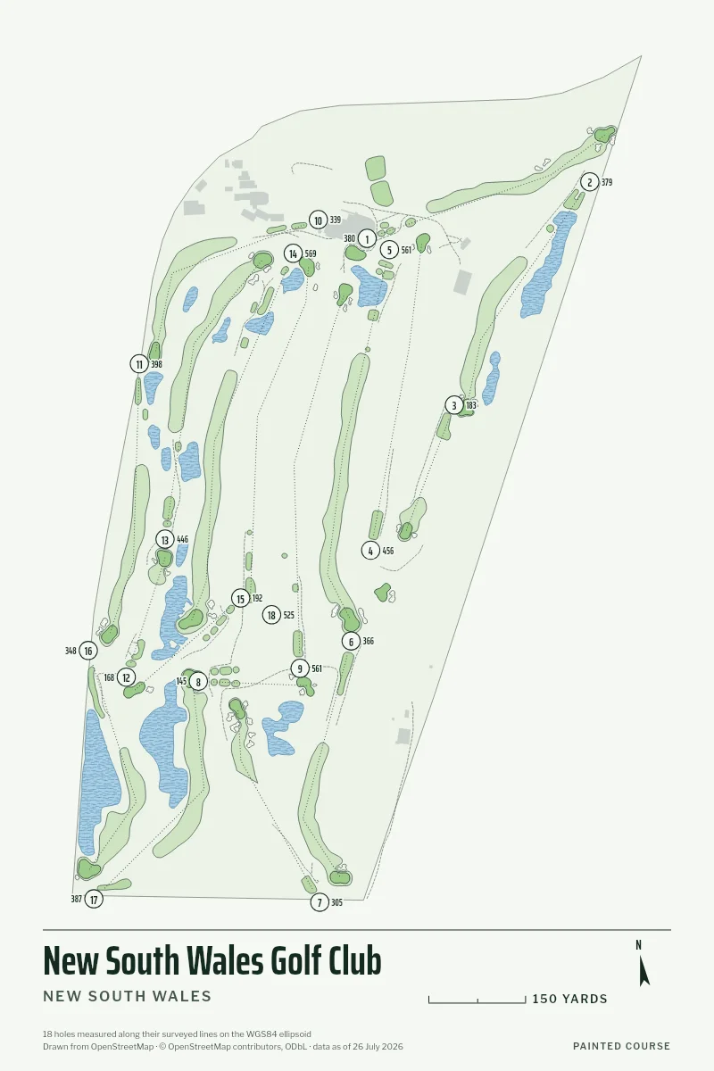 New South Wales Golf Club, New South Wales, Australia, drawn in the Yardage style from its OpenStreetMap survey: 18 holes, each numbered at its tee with its measured yards beside it.