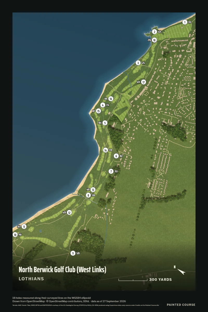 North Berwick Golf Club (West Links), Lothians, Scotland, drawn in the Aerial style from its OpenStreetMap survey: 18 holes, each numbered at its tee with its measured yards beside it.
