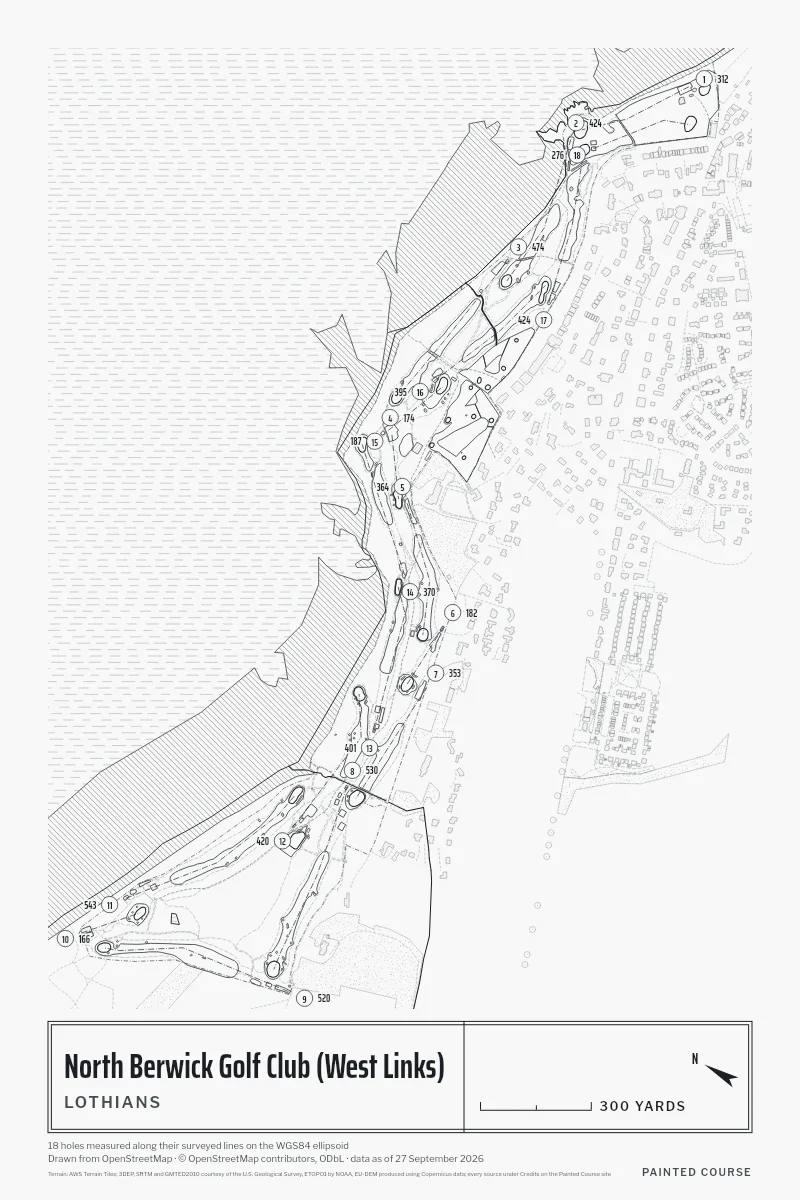 North Berwick Golf Club (West Links), Lothians, Scotland, drawn in the Architect style from its OpenStreetMap survey: 18 holes, each numbered at its tee with its measured yards beside it.