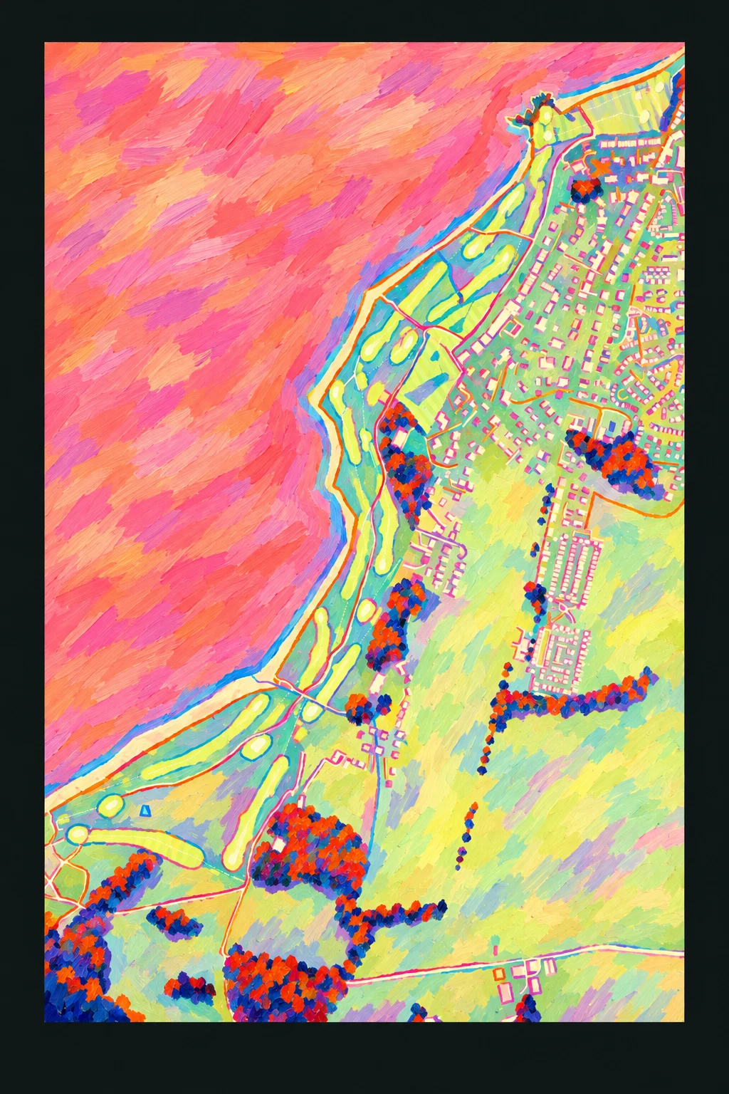 North Berwick Golf Club (West Links), Lothians, Scotland, seen from above and painted in the Fauve manner after the Fauves of 1905: the routing of its 18 holes, its greens and its bunkers, in paint.