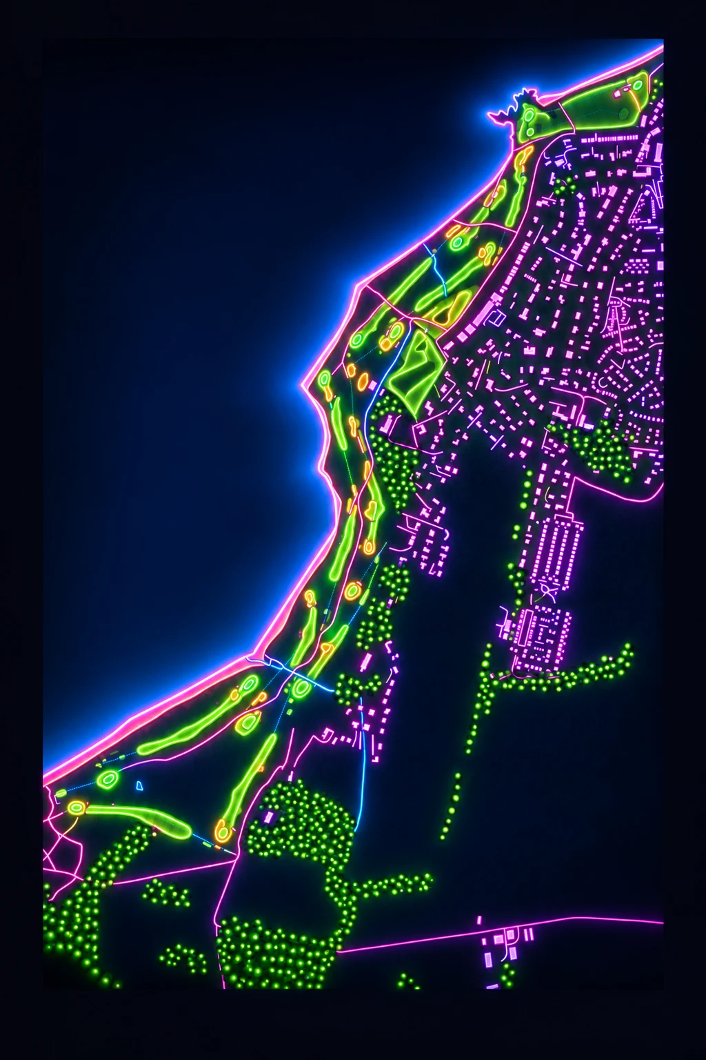 North Berwick Golf Club (West Links), Lothians, Scotland, seen from above and painted in the Neon manner: the routing of its 18 holes, its greens and its bunkers, in paint.