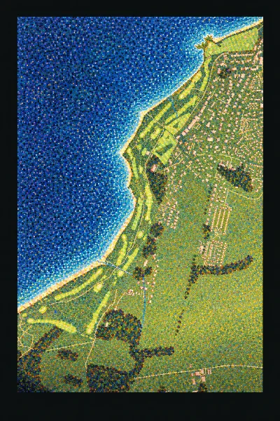 North Berwick Golf Club (West Links), Lothians, Scotland, drawn in the Gilt style from its OpenStreetMap survey: 18 holes, each numbered at its tee with its measured yards beside it.