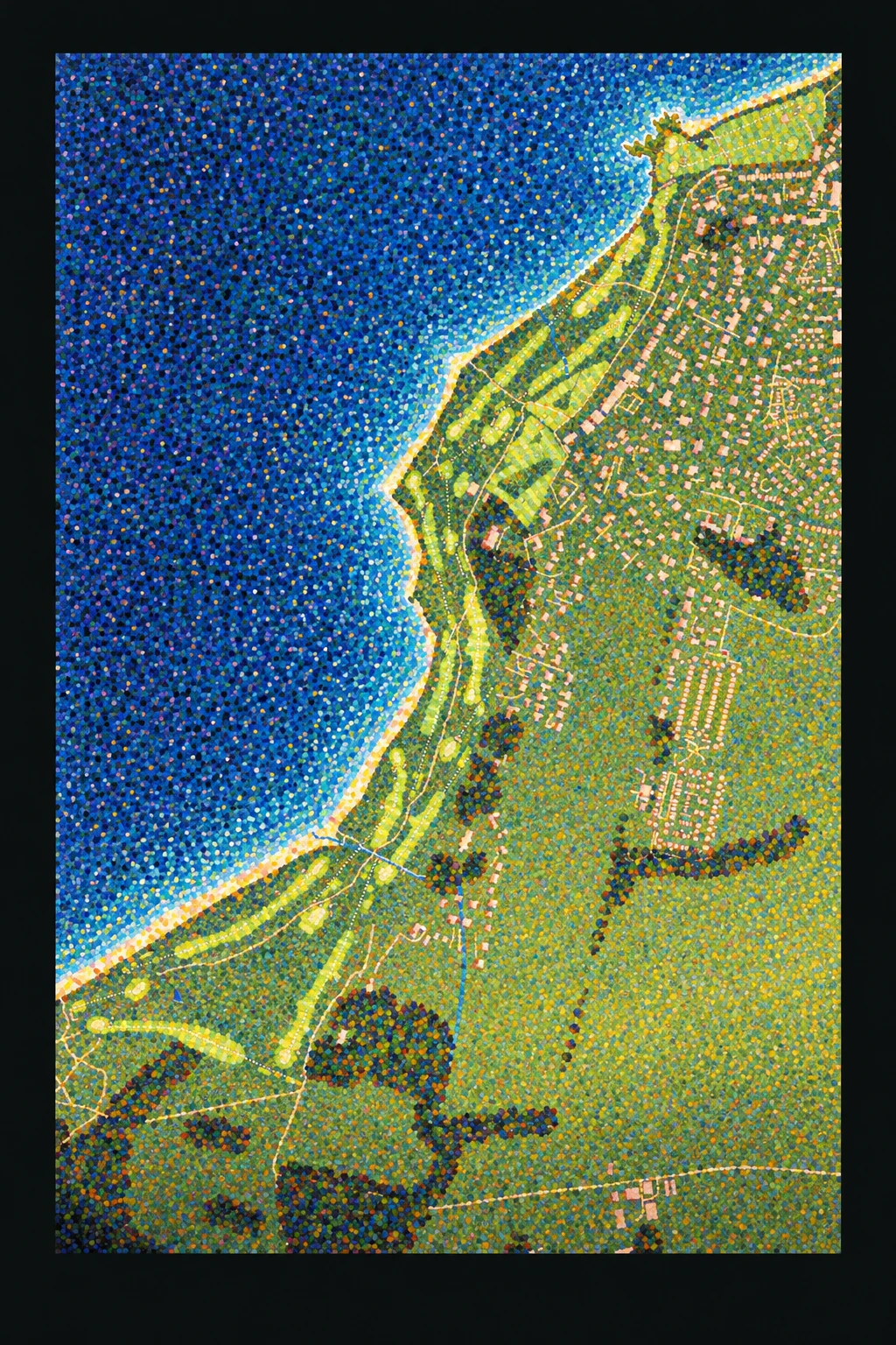 North Berwick Golf Club (West Links), Lothians, Scotland, seen from above and painted in the Pointillist manner after Georges Seurat: the routing of its 18 holes, its greens and its bunkers, in paint.