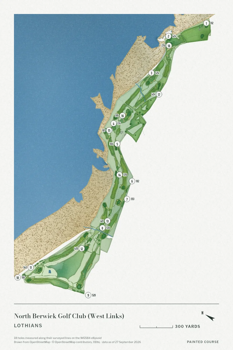 North Berwick Golf Club (West Links), Lothians, Scotland, drawn in the Watercolour style from its OpenStreetMap survey: 18 holes, each numbered at its tee with its measured yards beside it.