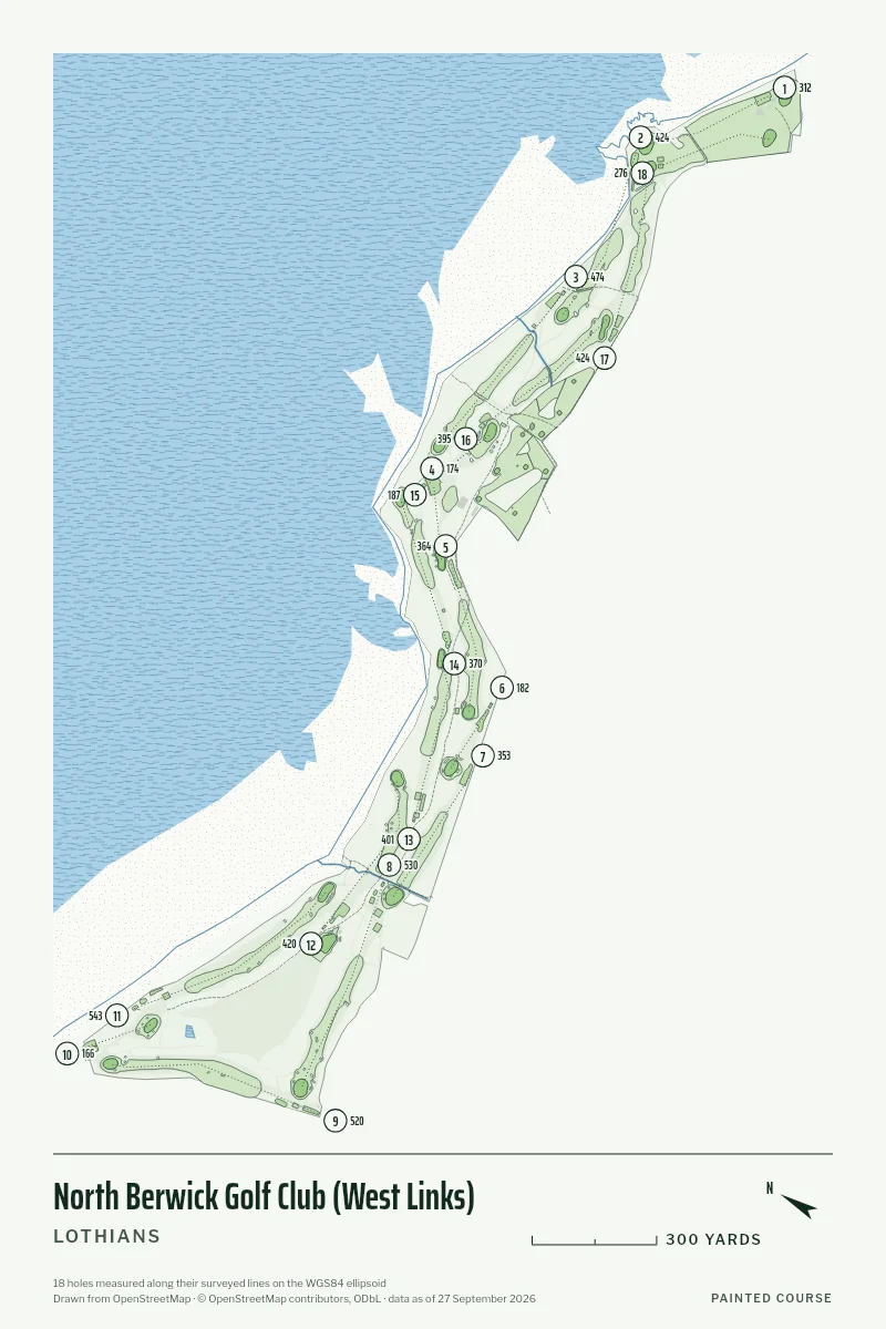 North Berwick Golf Club (West Links), Lothians, Scotland, drawn in the Yardage style from its OpenStreetMap survey: 18 holes, each numbered at its tee with its measured yards beside it.