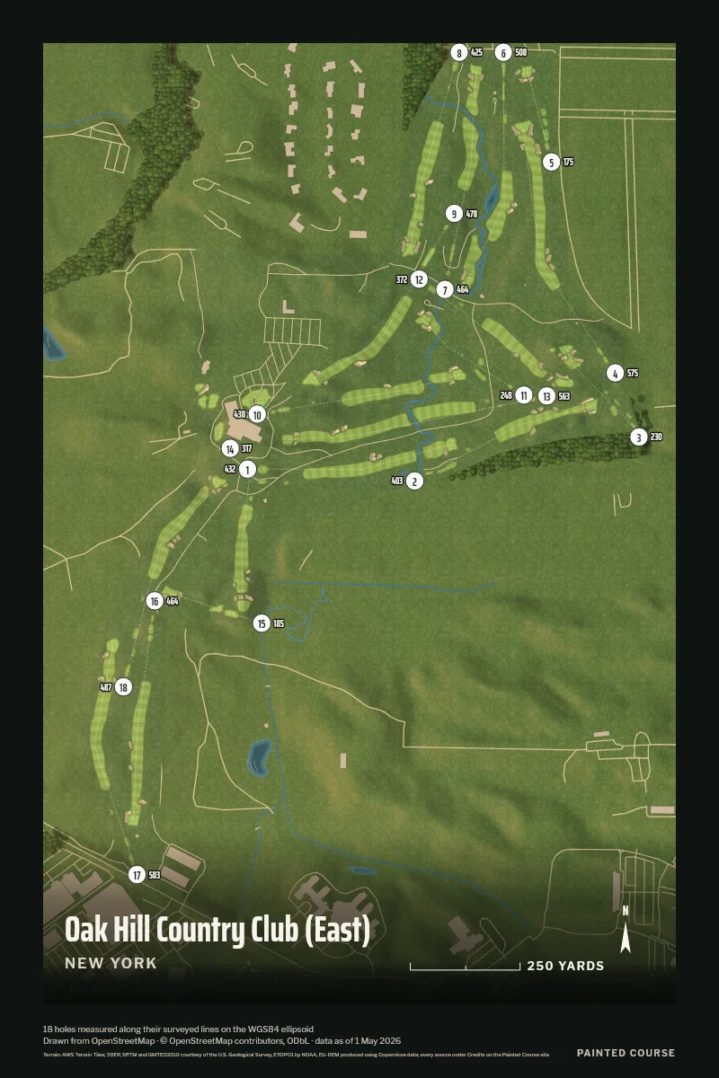 Oak Hill Country Club (East), New York, USA, drawn in the Aerial style from its OpenStreetMap survey: 18 holes, each numbered at its tee with its measured yards beside it.