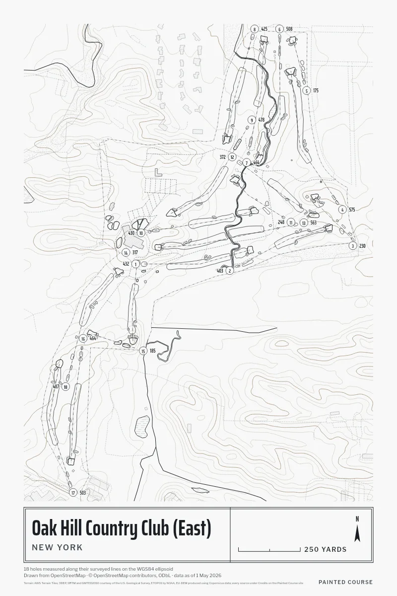 Oak Hill Country Club (East), New York, USA, drawn in the Architect style from its OpenStreetMap survey: 18 holes, each numbered at its tee with its measured yards beside it.