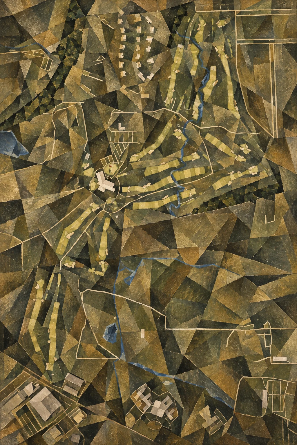 Oak Hill Country Club (East), New York, USA, seen from above and painted in the Cubist manner after Picasso and Braque: the routing of its 18 holes, its greens and its bunkers, in paint.