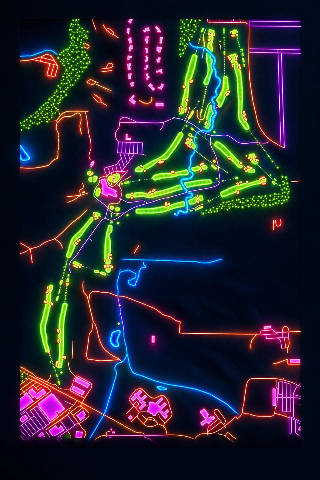 Oak Hill Country Club (East), New York, USA, seen from above and painted in the Neon manner: the routing of its 18 holes, its greens and its bunkers, in paint.