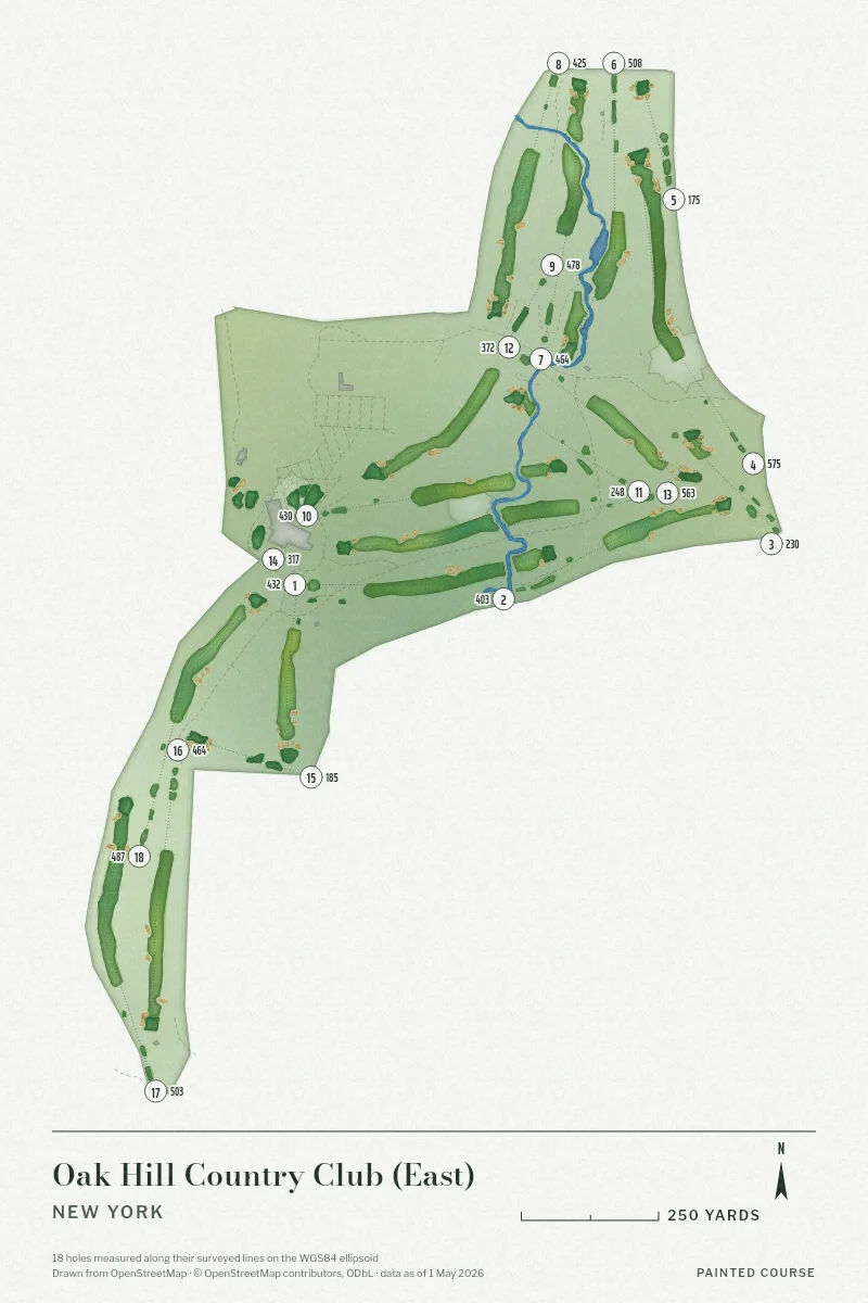 Oak Hill Country Club (East), New York, USA, drawn in the Watercolour style from its OpenStreetMap survey: 18 holes, each numbered at its tee with its measured yards beside it.