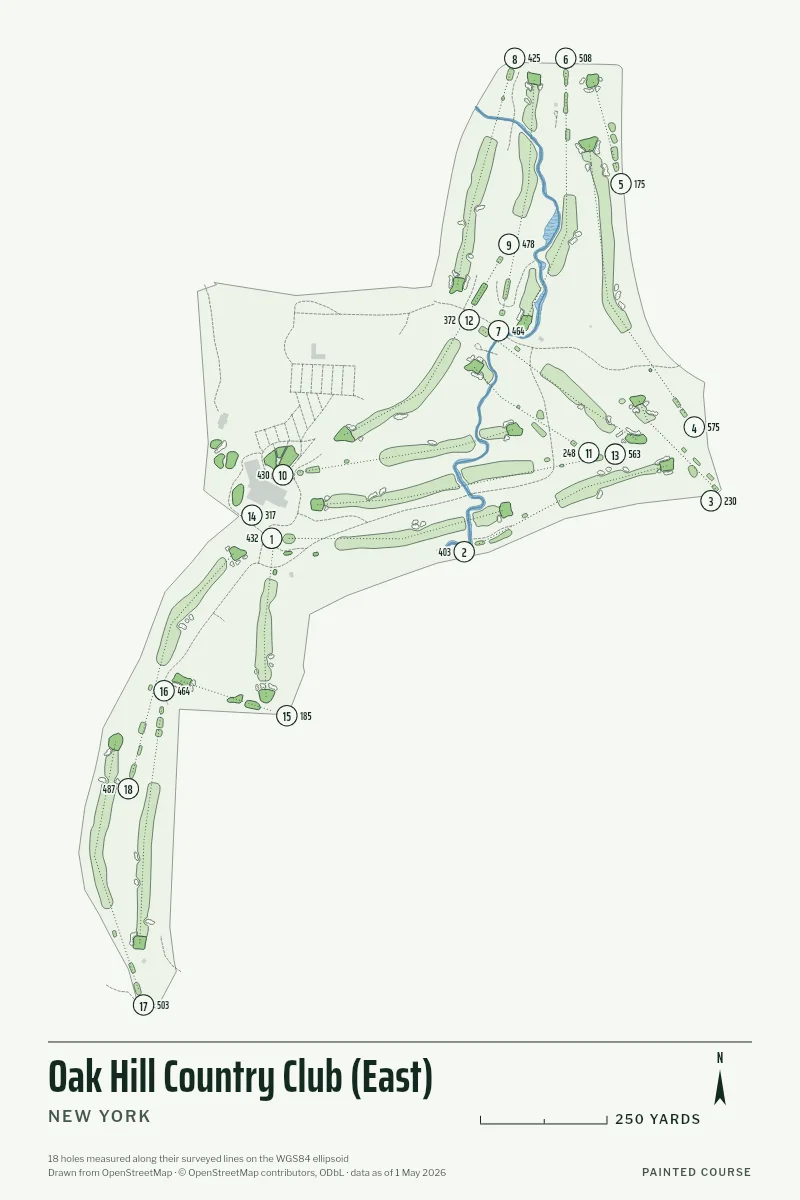 Oak Hill Country Club (East), New York, USA, drawn in the Yardage style from its OpenStreetMap survey: 18 holes, each numbered at its tee with its measured yards beside it.