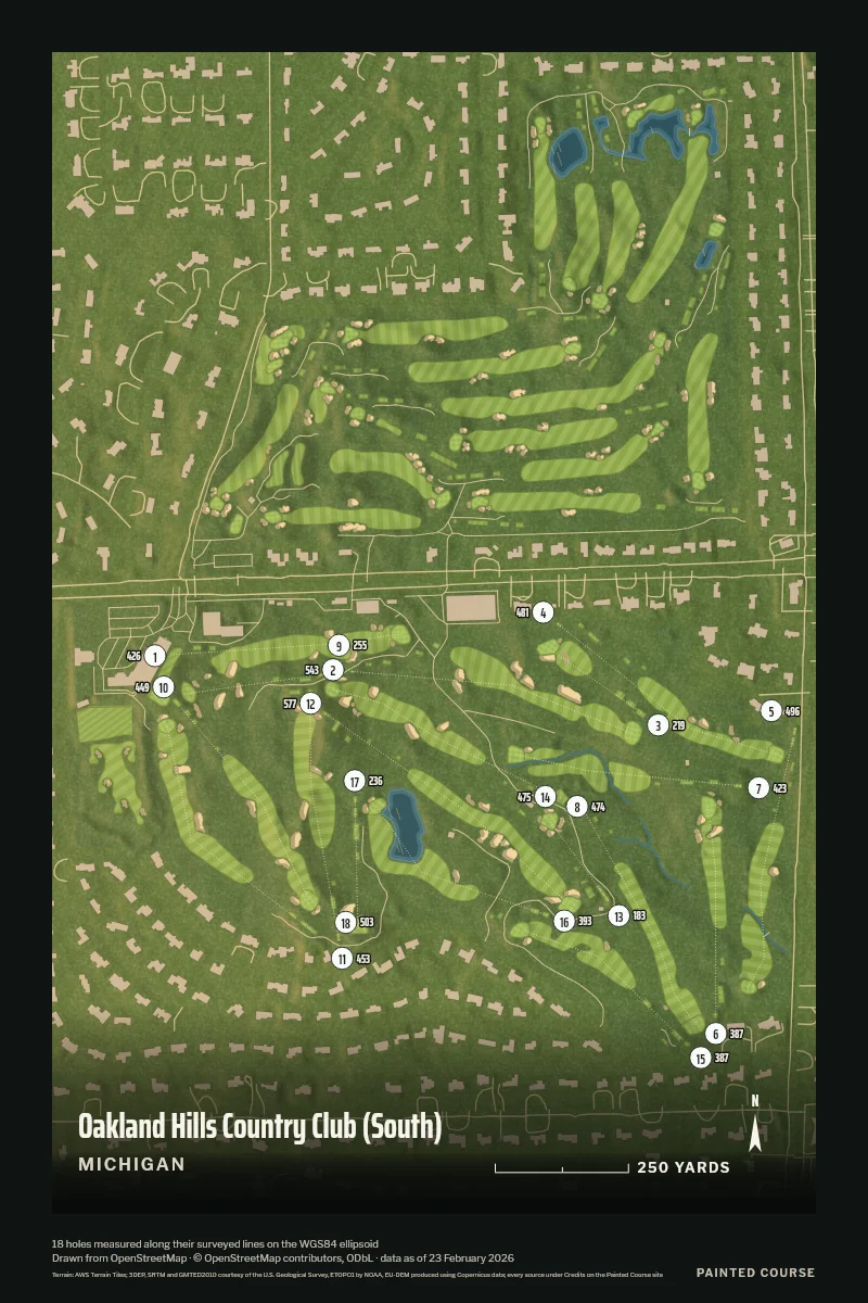Oakland Hills Country Club (South), Michigan, USA, drawn in the Aerial style from its OpenStreetMap survey: 18 holes, each numbered at its tee with its measured yards beside it.