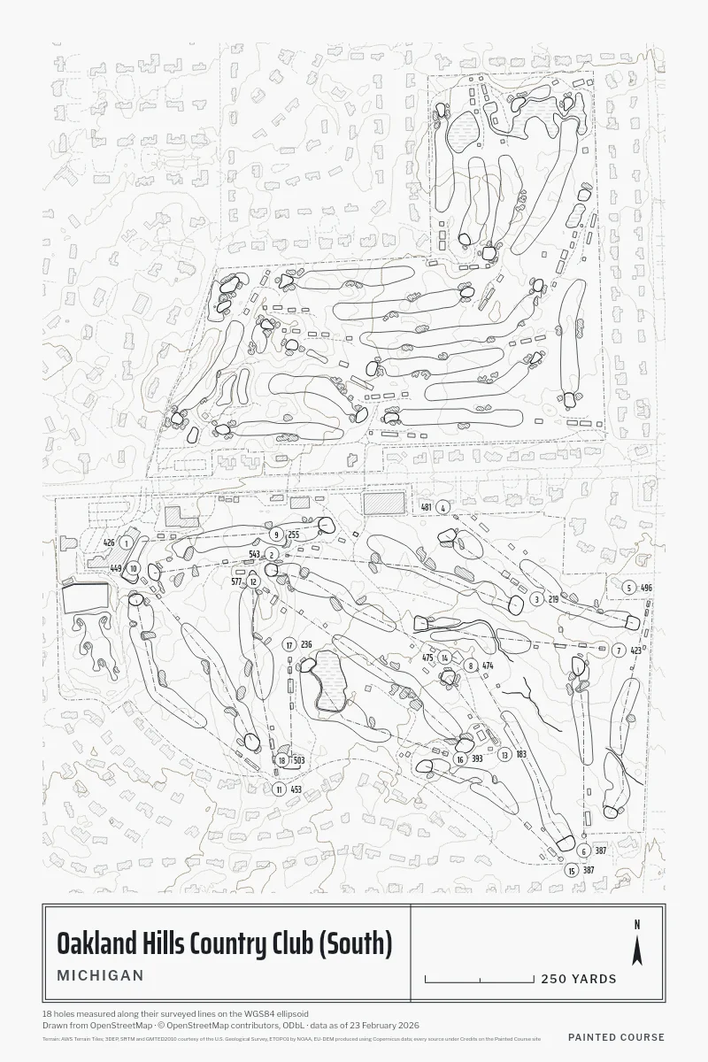 Oakland Hills Country Club (South), Michigan, USA, drawn in the Architect style from its OpenStreetMap survey: 18 holes, each numbered at its tee with its measured yards beside it.