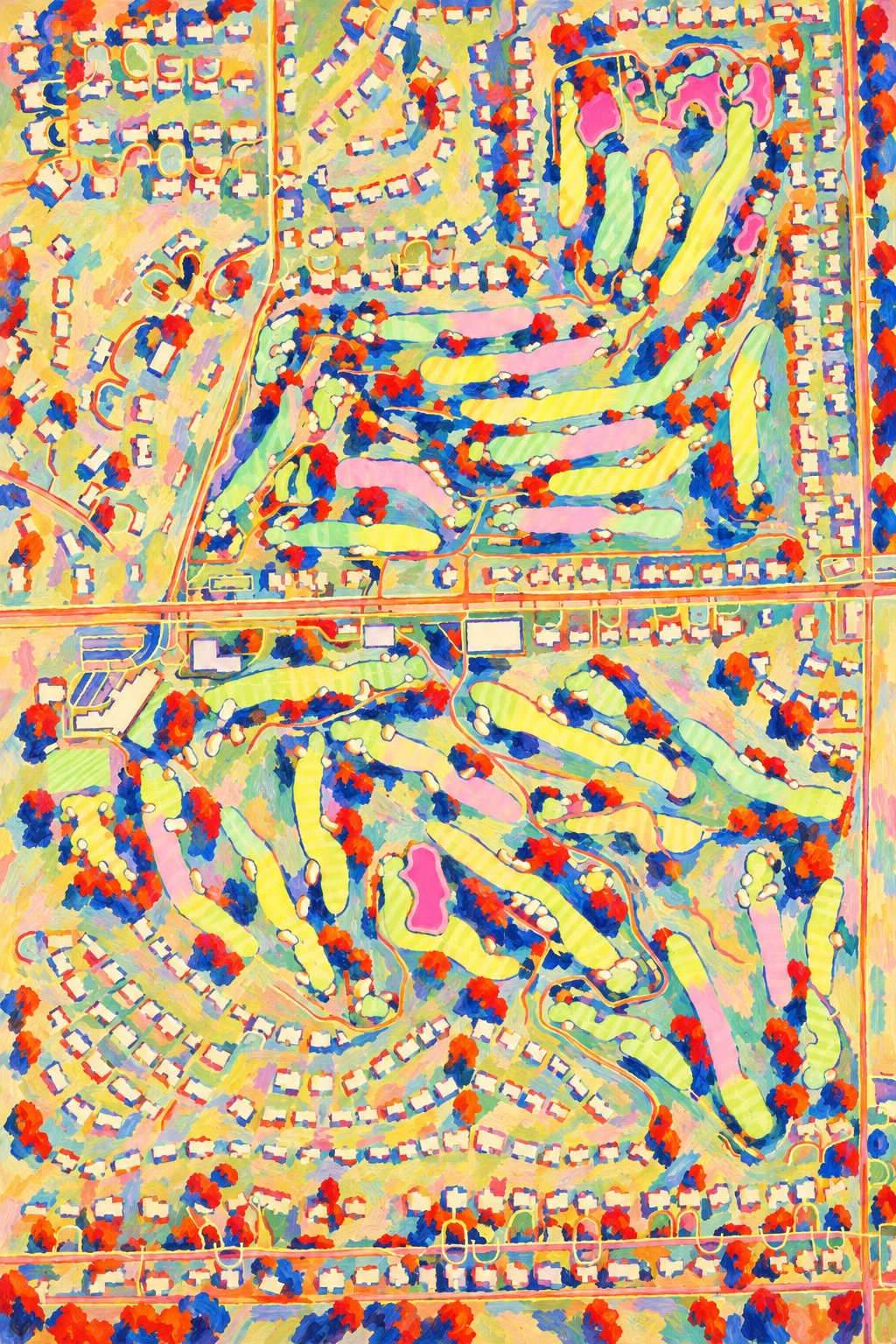 Oakland Hills Country Club (South), Michigan, USA, seen from above and painted in the Fauve manner after the Fauves of 1905: the routing of its 18 holes, its greens and its bunkers, in paint.