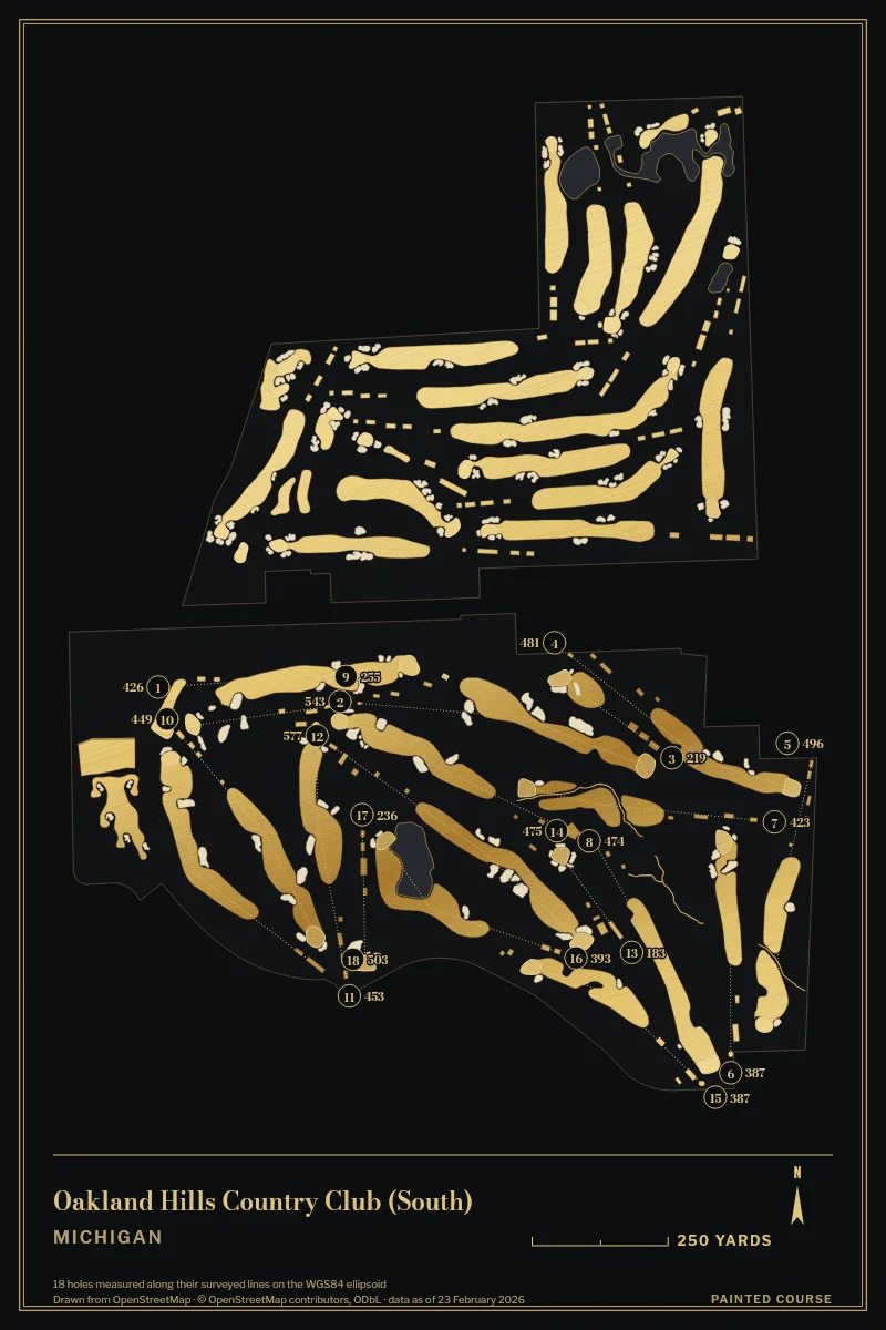 Oakland Hills Country Club (South), Michigan, USA, drawn in the Gilt style from its OpenStreetMap survey: 18 holes, each numbered at its tee with its measured yards beside it.