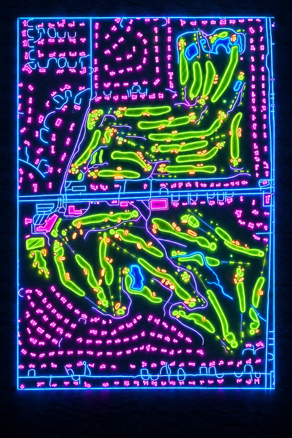 Oakland Hills Country Club (South), Michigan, USA, seen from above and painted in the Neon manner: the routing of its 18 holes, its greens and its bunkers, in paint.
