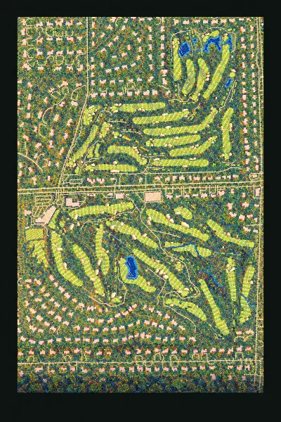 Oakland Hills Country Club (South), Michigan, USA, drawn in the Gilt style from its OpenStreetMap survey: 18 holes, each numbered at its tee with its measured yards beside it.