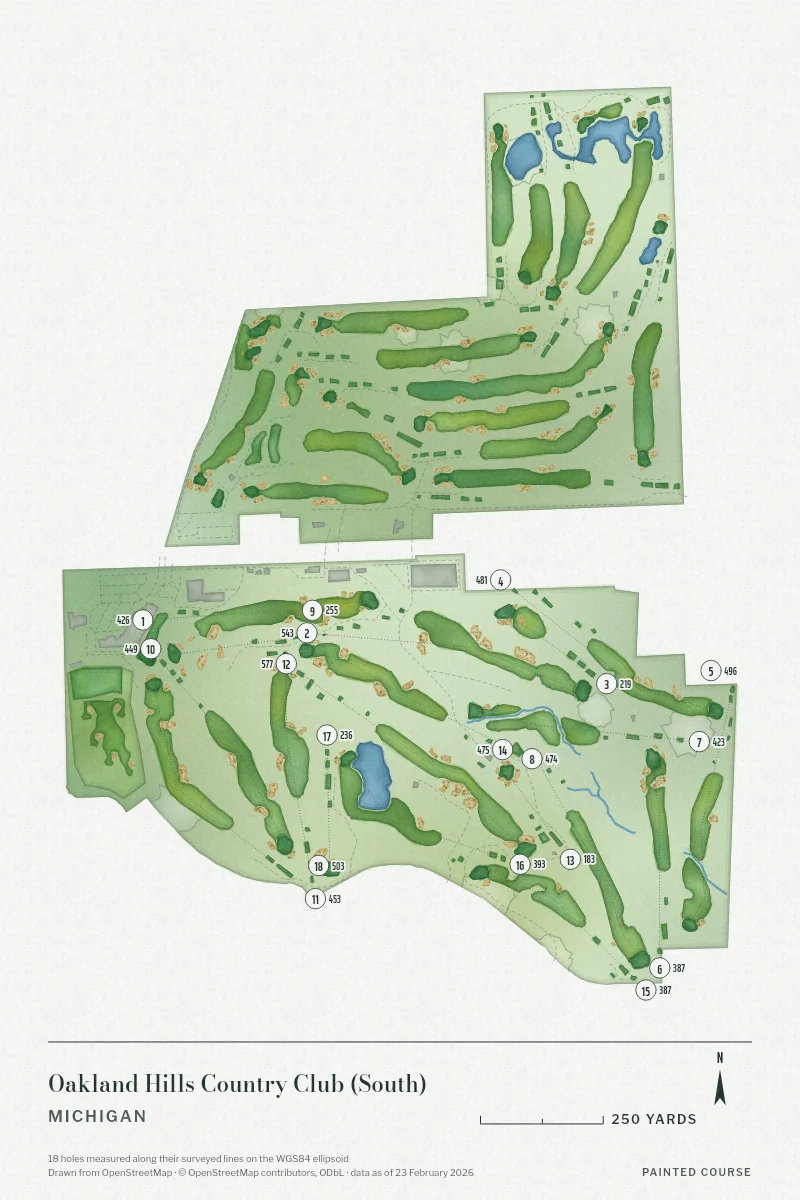 Oakland Hills Country Club (South), Michigan, USA, drawn in the Watercolour style from its OpenStreetMap survey: 18 holes, each numbered at its tee with its measured yards beside it.