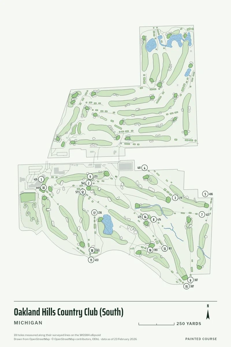Oakland Hills Country Club (South), Michigan, USA, drawn in the Yardage style from its OpenStreetMap survey: 18 holes, each numbered at its tee with its measured yards beside it.