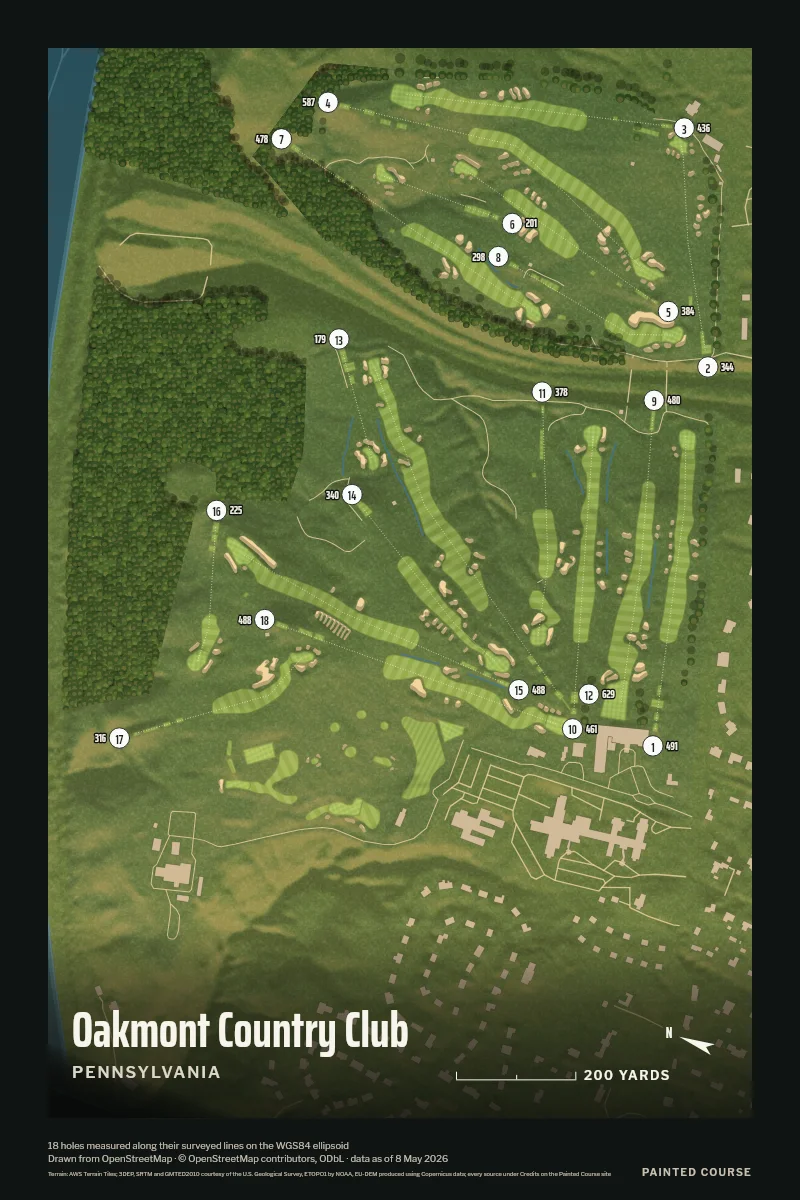 Oakmont Country Club, Pennsylvania, USA, drawn in the Aerial style from its OpenStreetMap survey: 18 holes, each numbered at its tee with its measured yards beside it.