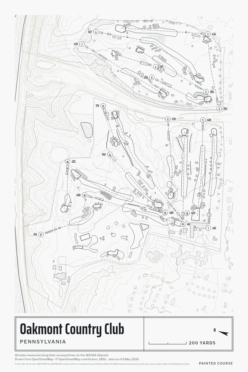 Oakmont Country Club, Pennsylvania, USA, drawn in the Architect style from its OpenStreetMap survey: 18 holes, each numbered at its tee with its measured yards beside it.