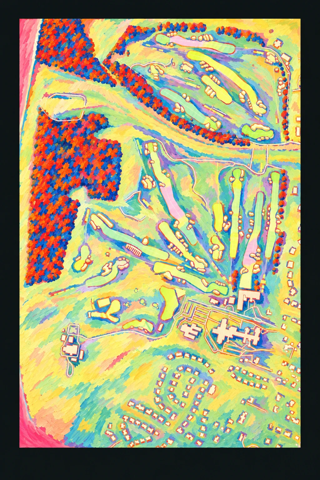 Oakmont Country Club, Pennsylvania, USA, seen from above and painted in the Fauve manner after the Fauves of 1905: the routing of its 18 holes, its greens and its bunkers, in paint.