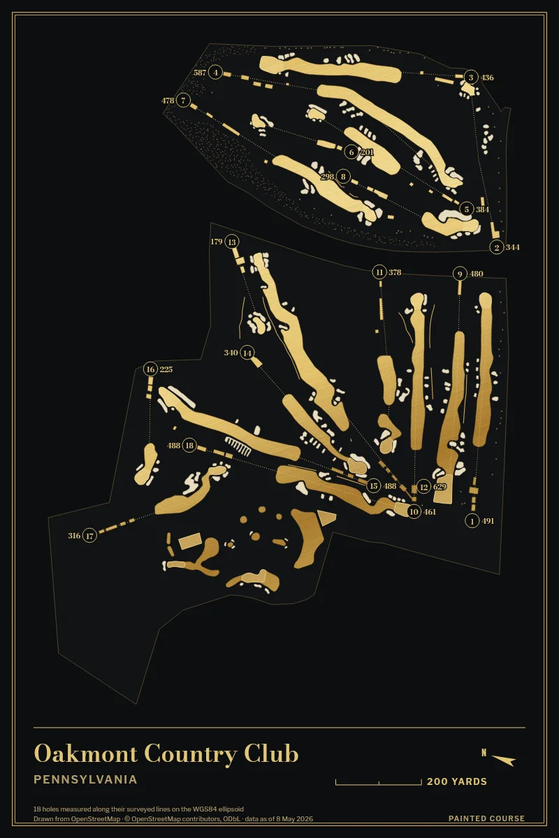 Oakmont Country Club, Pennsylvania, USA, drawn in the Gilt style from its OpenStreetMap survey: 18 holes, each numbered at its tee with its measured yards beside it.
