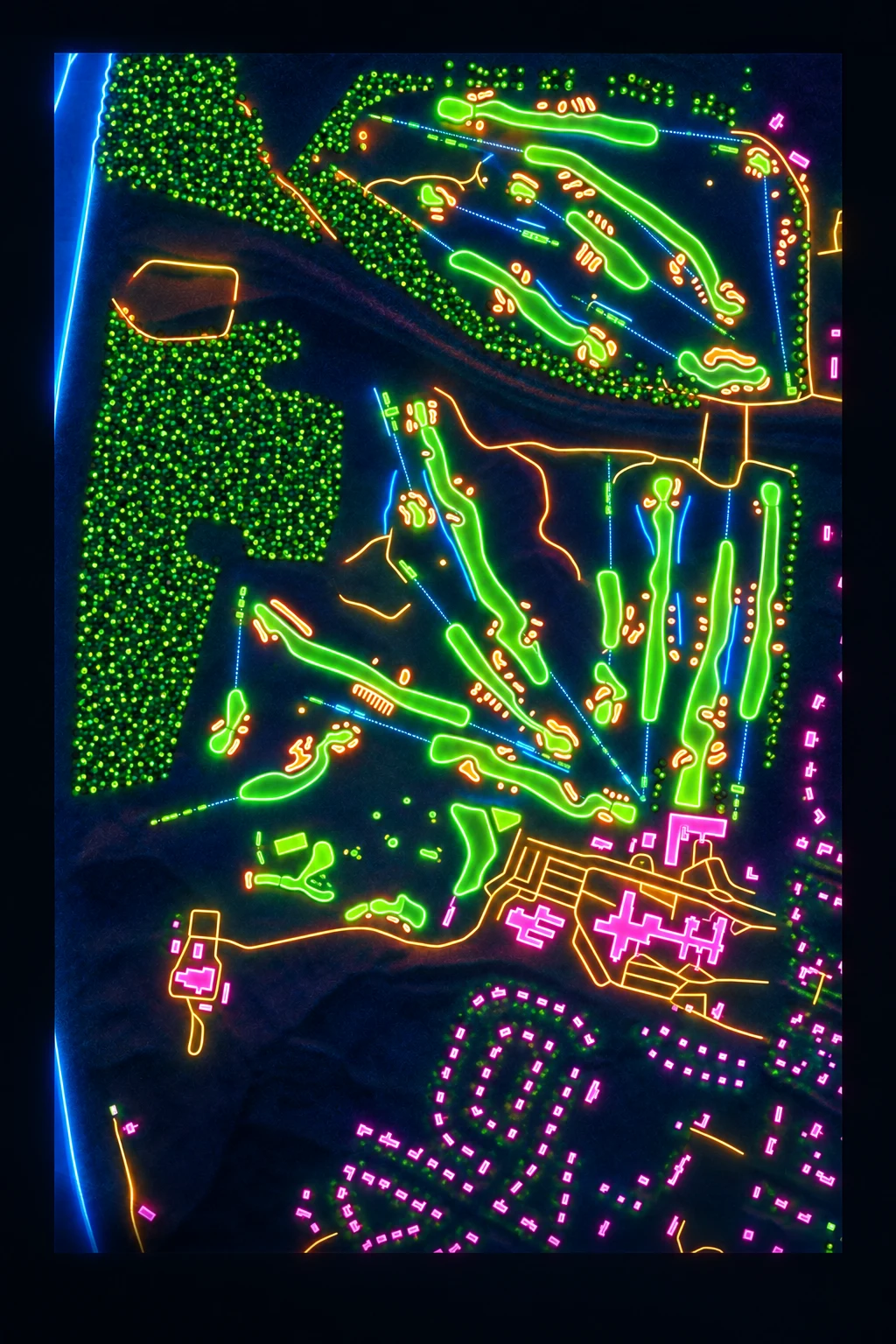 Oakmont Country Club, Pennsylvania, USA, seen from above and painted in the Neon manner: the routing of its 18 holes, its greens and its bunkers, in paint.