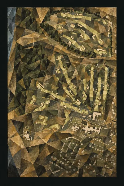Oakmont Country Club, Pennsylvania, USA, seen from above and painted in the Cubist manner after Picasso and Braque: the routing of its 18 holes, its greens and its bunkers, in paint.
