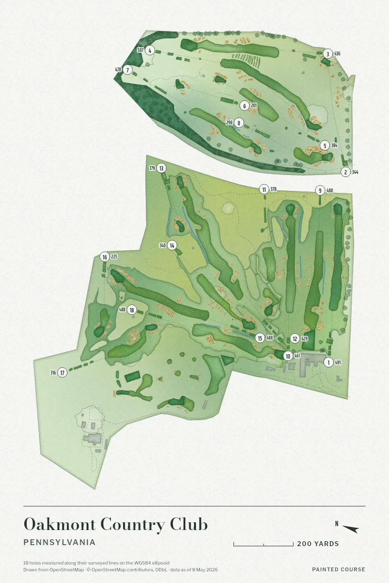 Oakmont Country Club, Pennsylvania, USA, drawn in the Watercolour style from its OpenStreetMap survey: 18 holes, each numbered at its tee with its measured yards beside it.