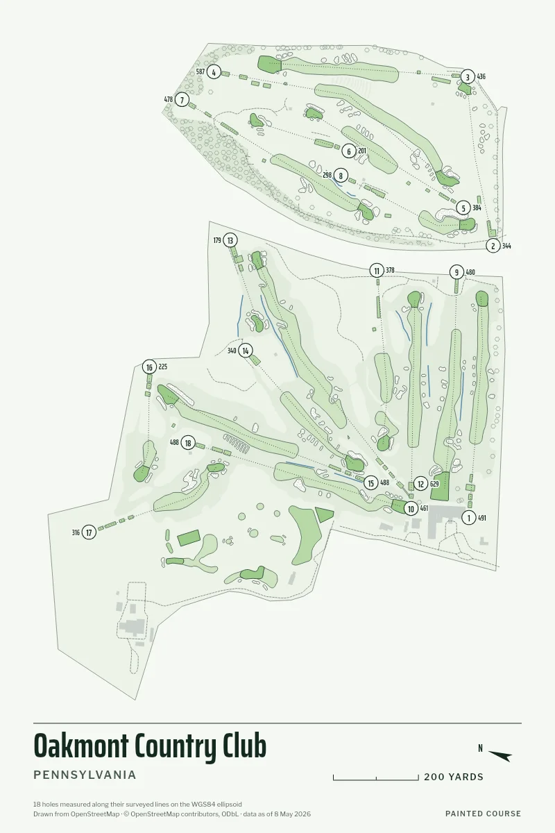 Oakmont Country Club, Pennsylvania, USA, drawn in the Yardage style from its OpenStreetMap survey: 18 holes, each numbered at its tee with its measured yards beside it.