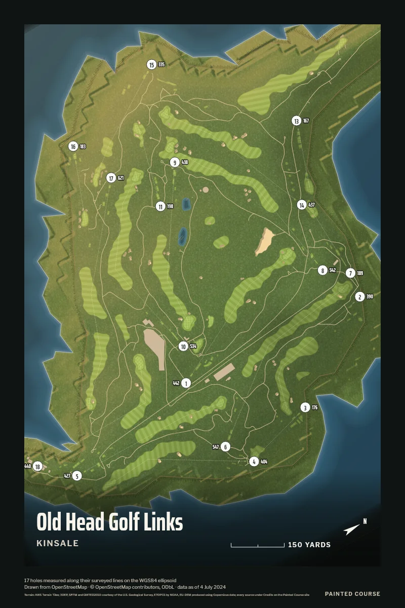 Old Head Golf Links, Kinsale, Ireland, drawn in the Aerial style from its OpenStreetMap survey: 17 holes, each numbered at its tee with its measured yards beside it.