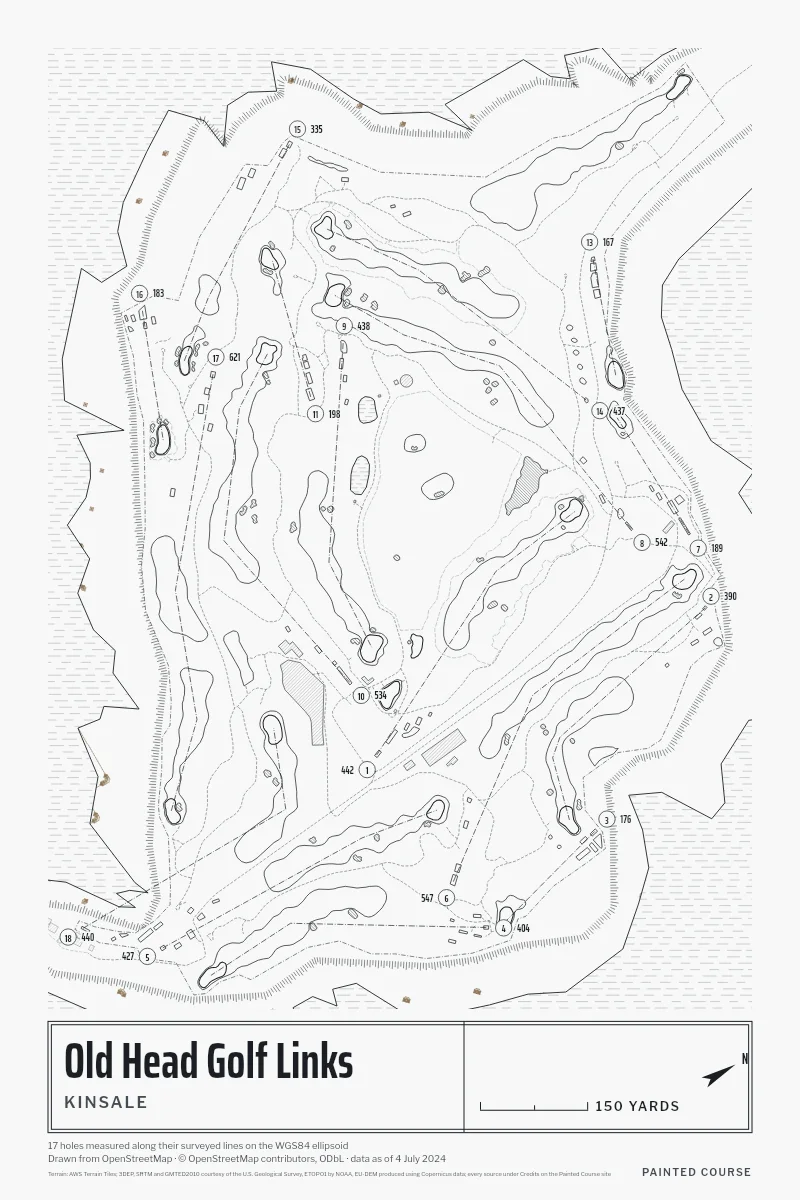 Old Head Golf Links, Kinsale, Ireland, drawn in the Architect style from its OpenStreetMap survey: 17 holes, each numbered at its tee with its measured yards beside it.