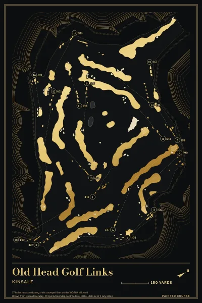 Old Head Golf Links, Kinsale, Ireland, drawn in the Gilt style from its OpenStreetMap survey: 17 holes, each numbered at its tee with its measured yards beside it.