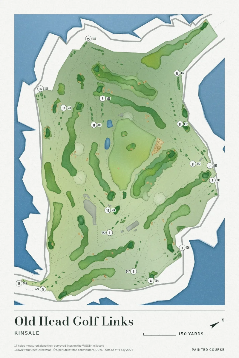 Old Head Golf Links, Kinsale, Ireland, drawn in the Watercolour style from its OpenStreetMap survey: 17 holes, each numbered at its tee with its measured yards beside it.