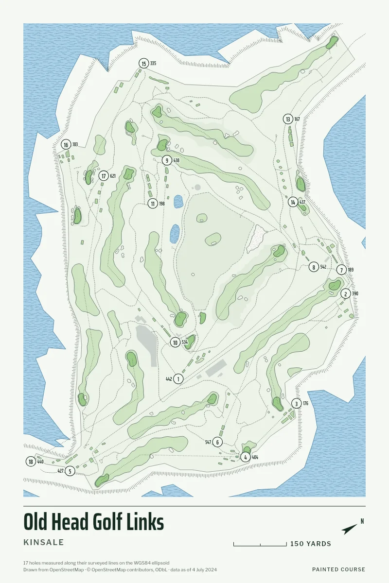 Old Head Golf Links, Kinsale, Ireland, drawn in the Yardage style from its OpenStreetMap survey: 17 holes, each numbered at its tee with its measured yards beside it.