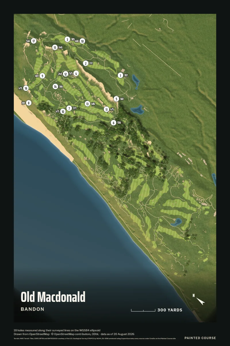 Old Macdonald, Bandon, Oregon, USA, drawn in the Aerial style from its OpenStreetMap survey: 18 holes, each numbered at its tee with its measured yards beside it.