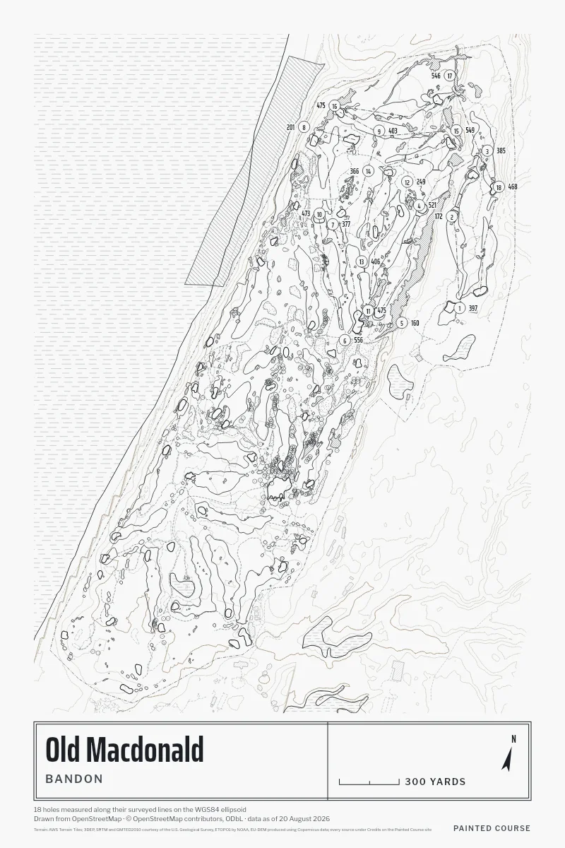 Old Macdonald, Bandon, Oregon, USA, drawn in the Architect style from its OpenStreetMap survey: 18 holes, each numbered at its tee with its measured yards beside it.