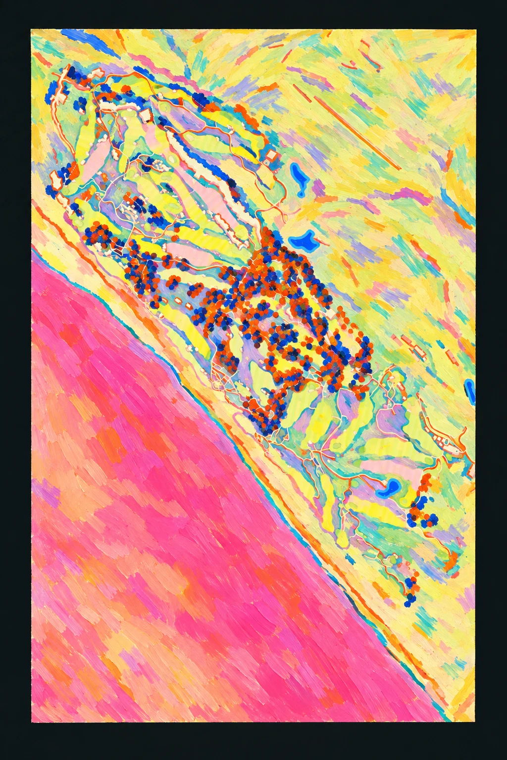Old Macdonald, Bandon, Oregon, USA, seen from above and painted in the Fauve manner after the Fauves of 1905: the routing of its 18 holes, its greens and its bunkers, in paint.