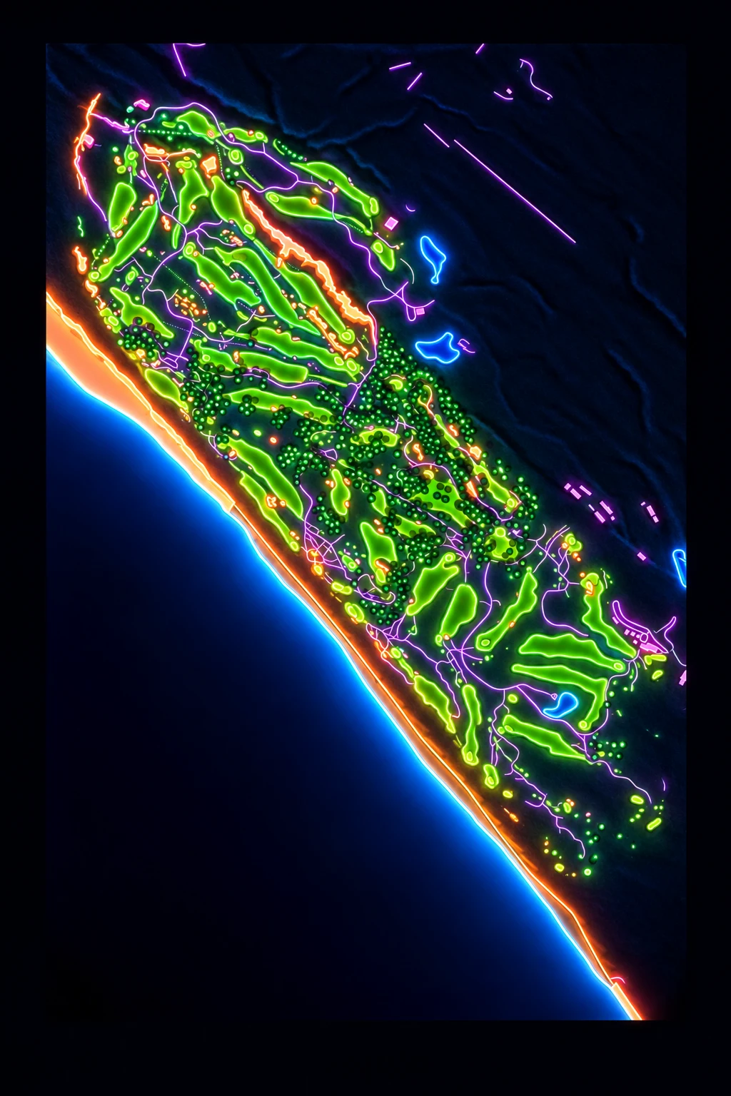 Old Macdonald, Bandon, Oregon, USA, seen from above and painted in the Neon manner: the routing of its 18 holes, its greens and its bunkers, in paint.