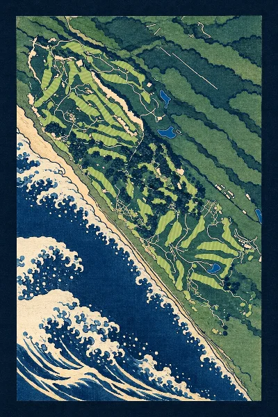 Old Macdonald, Bandon, Oregon, USA, seen from above and painted in the Woodblock manner after Katsushika Hokusai: the routing of its 18 holes, its greens and its bunkers, in paint.