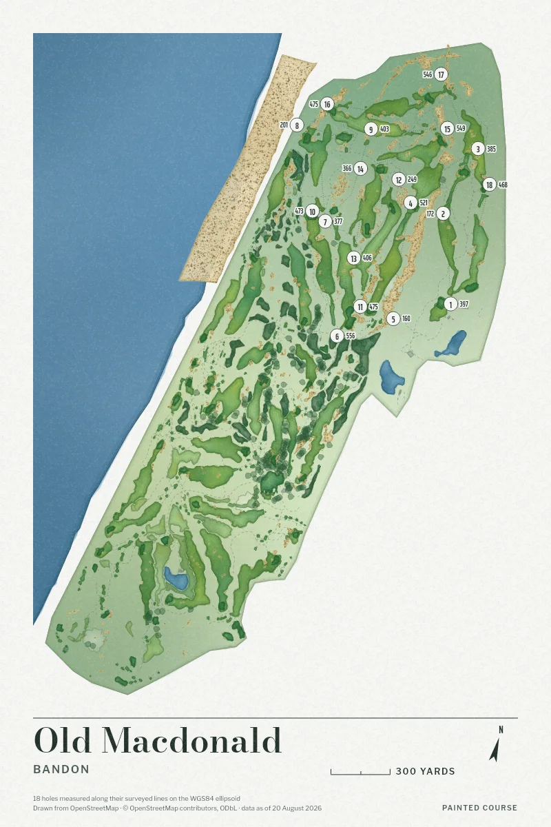 Old Macdonald, Bandon, Oregon, USA, drawn in the Watercolour style from its OpenStreetMap survey: 18 holes, each numbered at its tee with its measured yards beside it.
