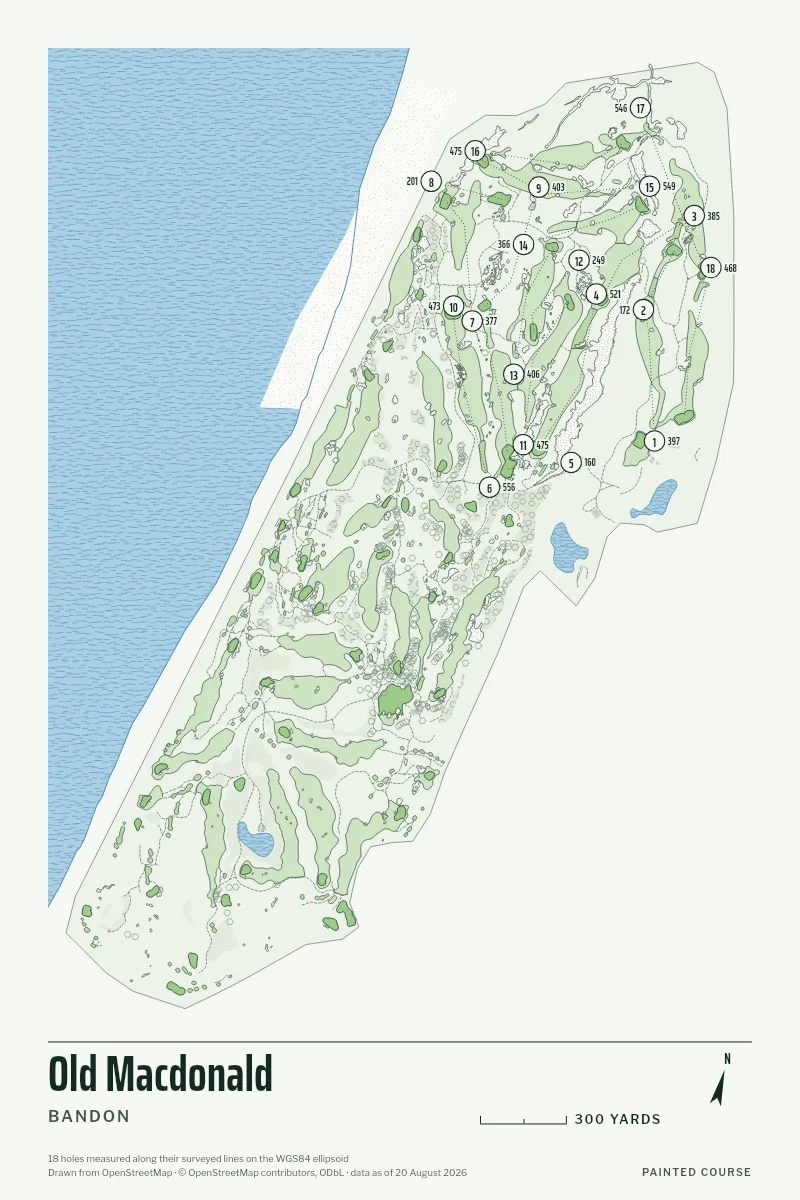 Old Macdonald, Bandon, Oregon, USA, drawn in the Yardage style from its OpenStreetMap survey: 18 holes, each numbered at its tee with its measured yards beside it.