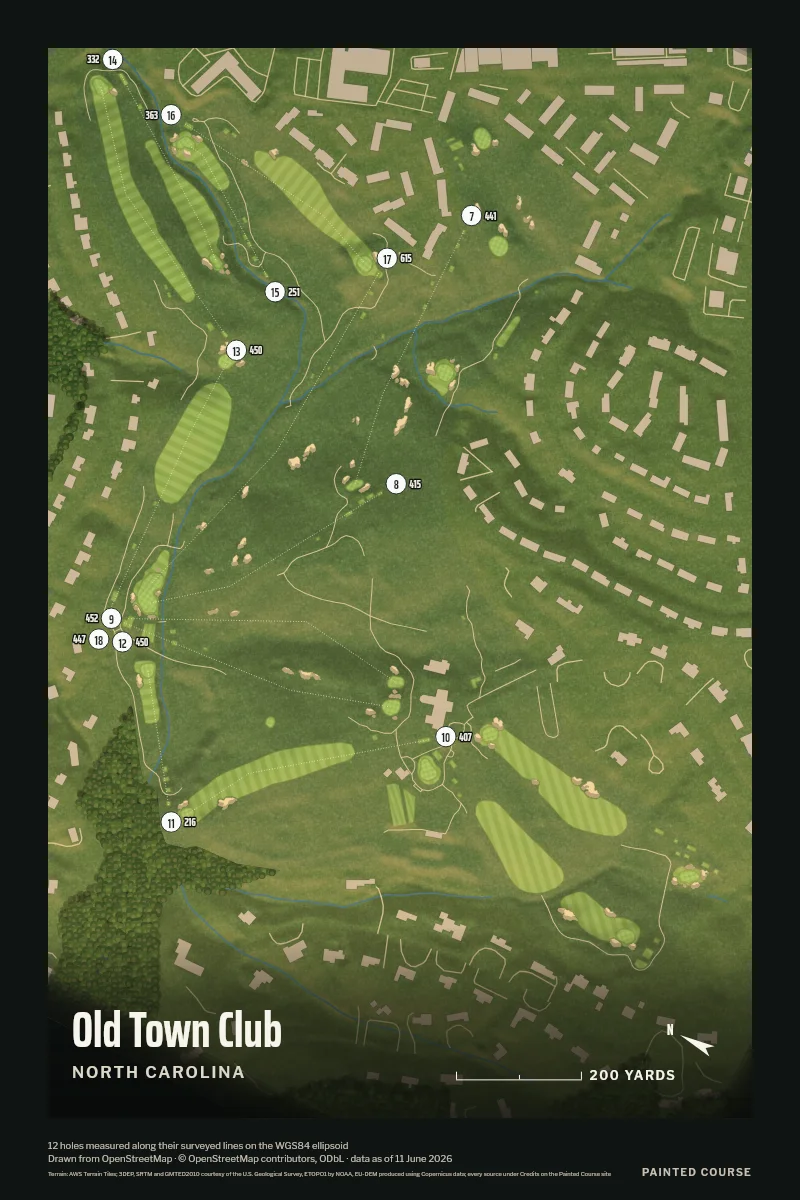 Old Town Club, North Carolina, USA, drawn in the Aerial style from its OpenStreetMap survey: 12 holes, each numbered at its tee with its measured yards beside it.