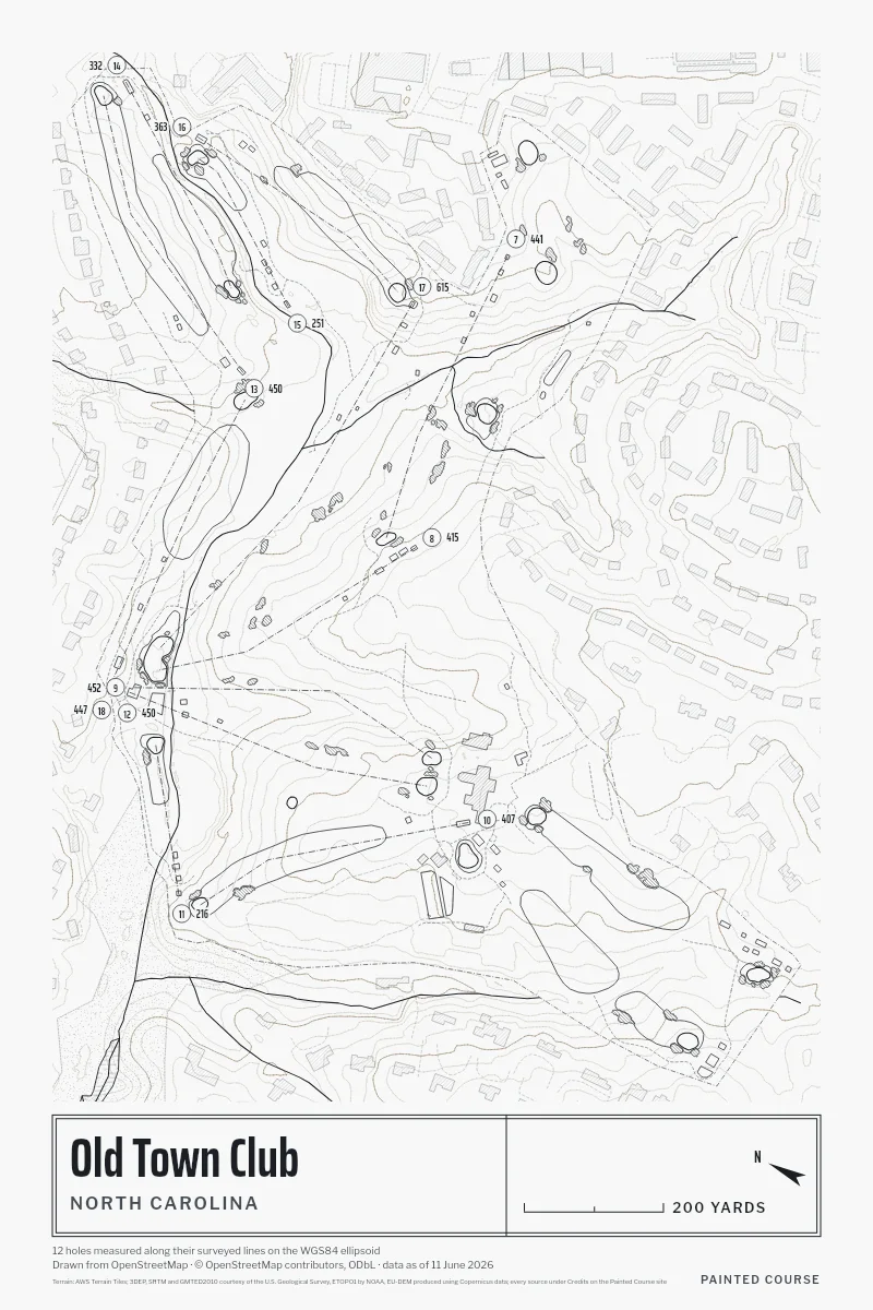 Old Town Club, North Carolina, USA, drawn in the Architect style from its OpenStreetMap survey: 12 holes, each numbered at its tee with its measured yards beside it.
