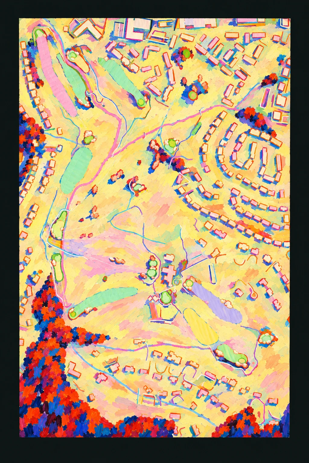 Old Town Club, North Carolina, USA, seen from above and painted in the Fauve manner after the Fauves of 1905: the routing of its 12 holes, its greens and its bunkers, in paint.
