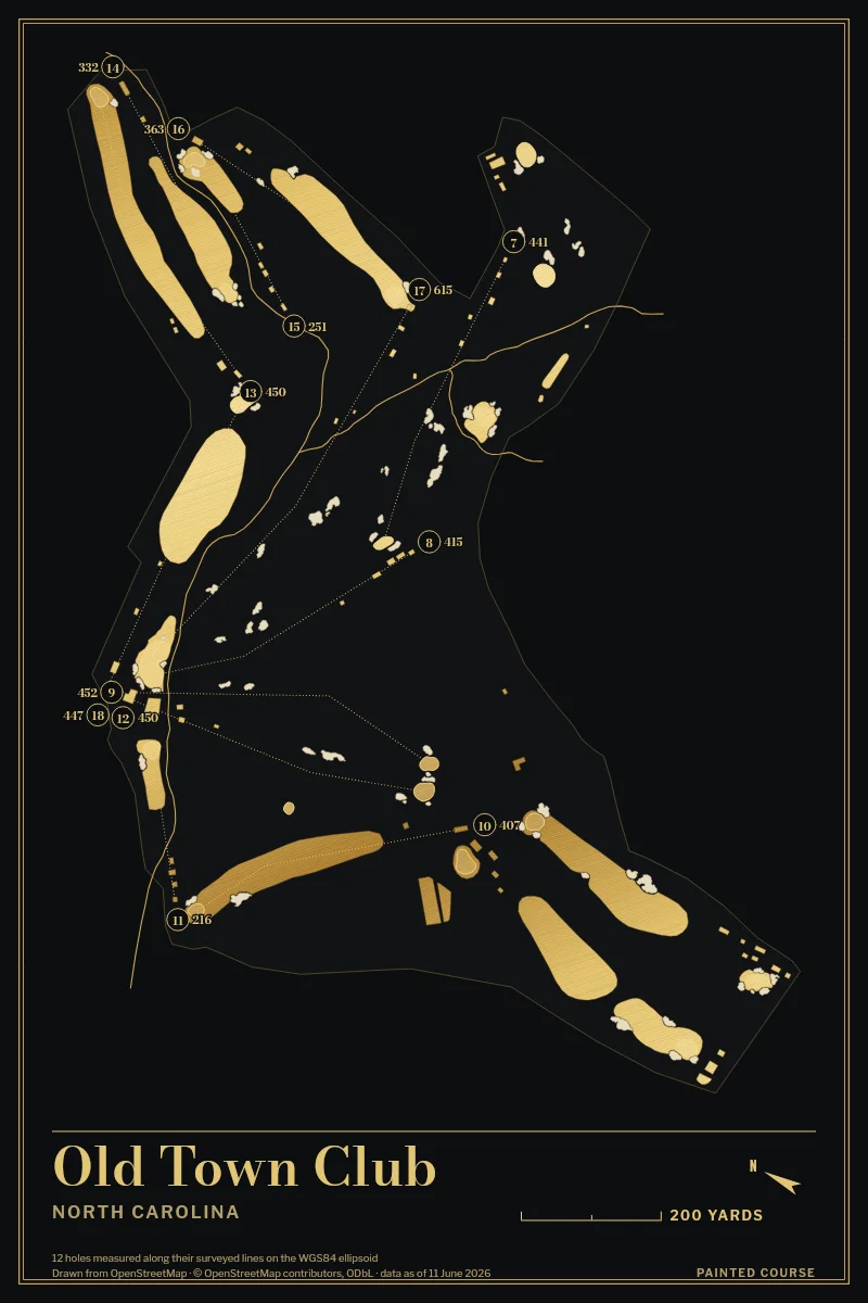 Old Town Club, North Carolina, USA, drawn in the Gilt style from its OpenStreetMap survey: 12 holes, each numbered at its tee with its measured yards beside it.