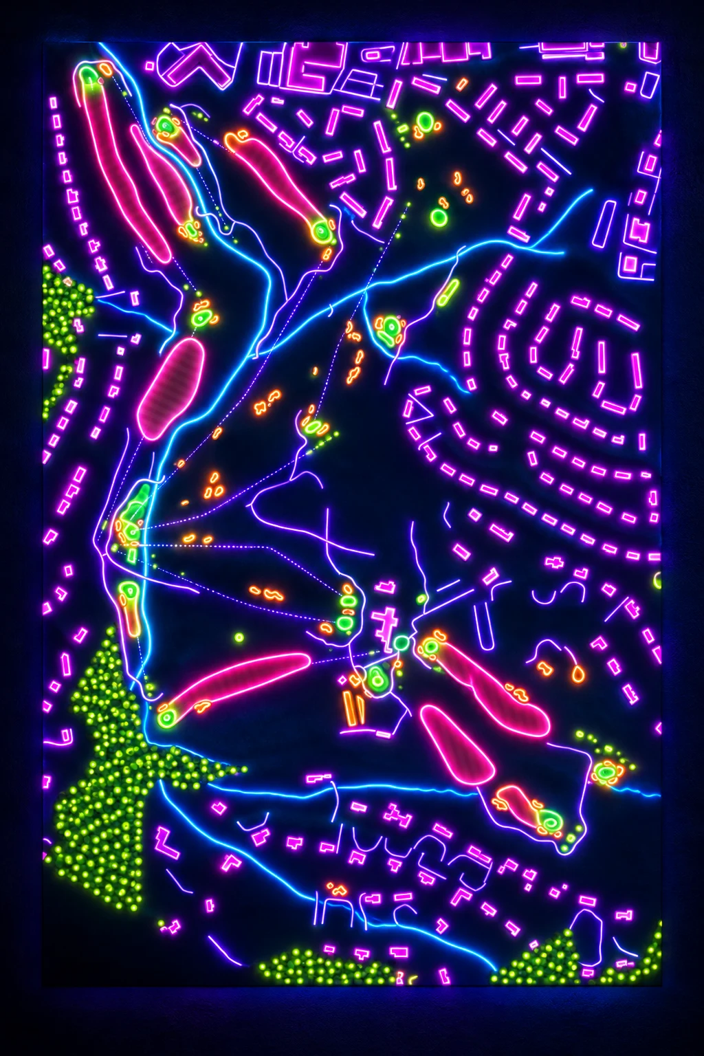 Old Town Club, North Carolina, USA, seen from above and painted in the Neon manner: the routing of its 12 holes, its greens and its bunkers, in paint.