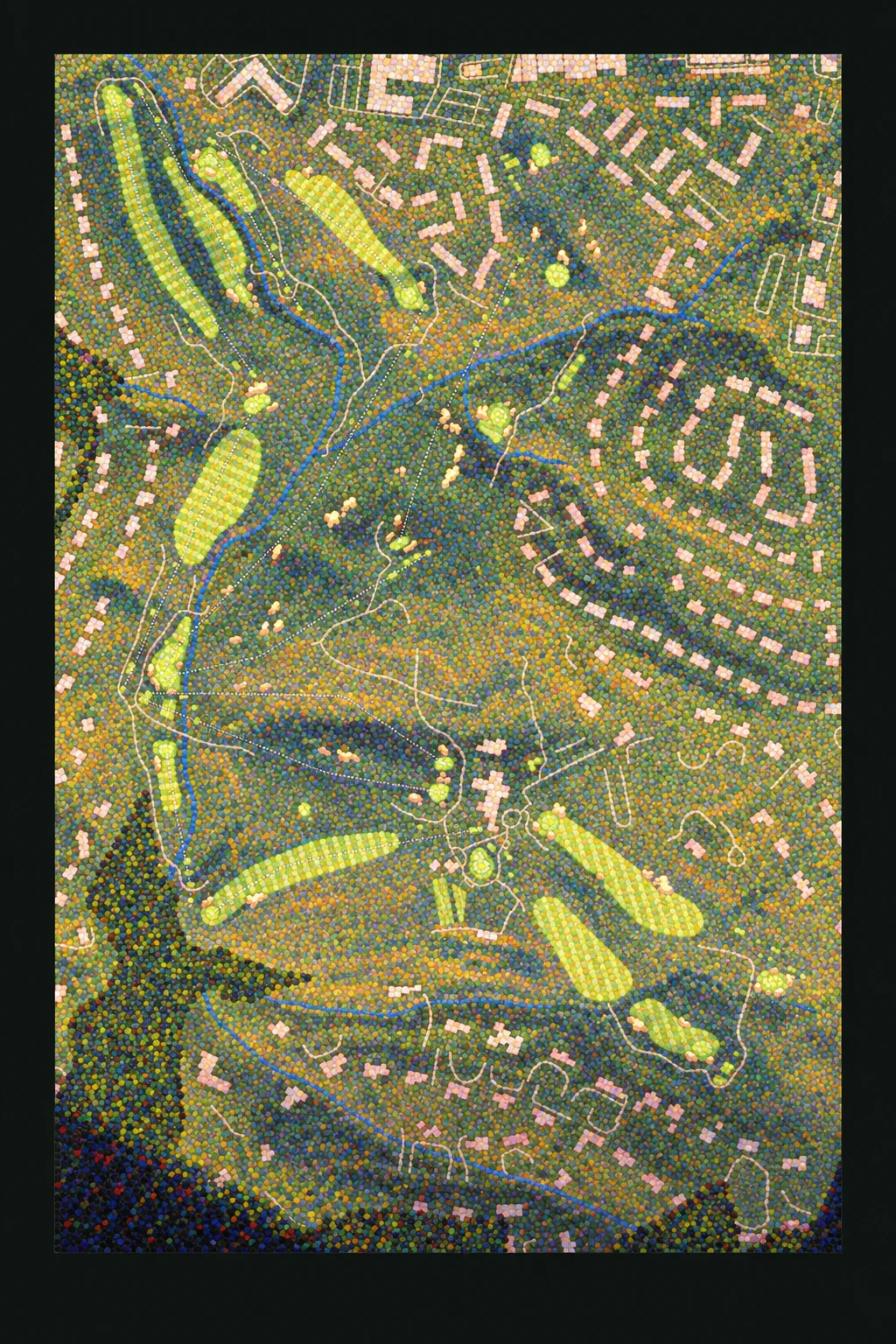 Old Town Club, North Carolina, USA, seen from above and painted in the Pointillist manner after Georges Seurat: the routing of its 12 holes, its greens and its bunkers, in paint.