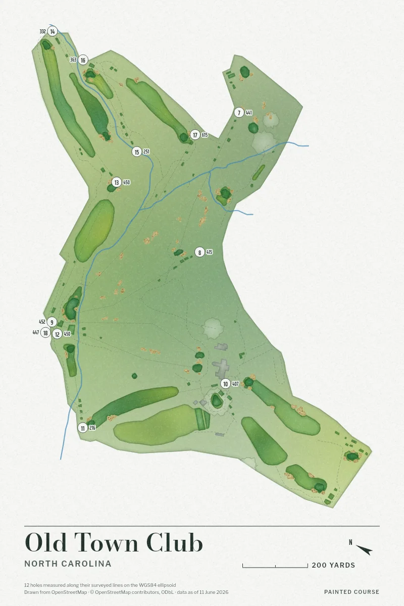 Old Town Club, North Carolina, USA, drawn in the Watercolour style from its OpenStreetMap survey: 12 holes, each numbered at its tee with its measured yards beside it.